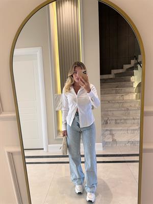 Buz Mavi Yıkamalı Taşlı Jean 