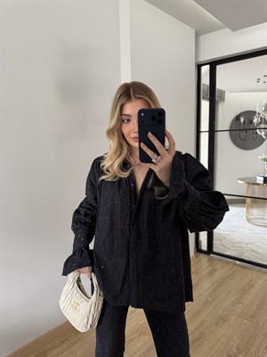 Büzgü Detaylı Lacivert Denim Taşlı Takım