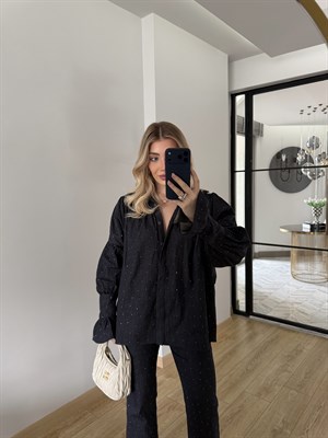 Büzgü Detaylı Lacivert Denim Taşlı Takım