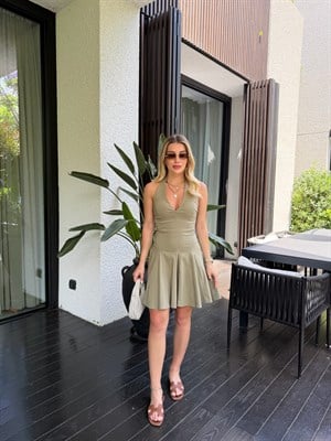 Çağla Yeşili Halter Yaka Mini Elbise-91633