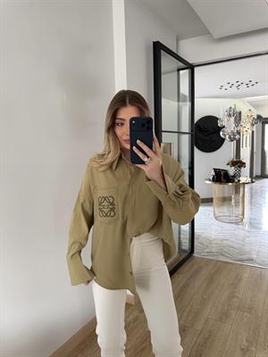 Çağla Yeşili Orjinal Marka Cebi Nakışlı Gömlek