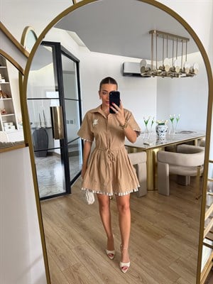 Camel Garnili Kısa Kol Elbise-02634