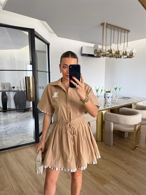 Camel Garnili Kısa Kol Elbise-02634