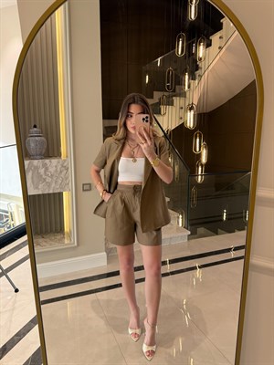 Camel Keten Kısa Kol Blazer Ceket-Takım