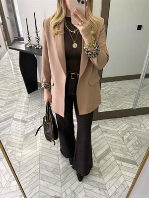 Camel Leopar Astarlı Atlas Kumaş Blazer Ceket