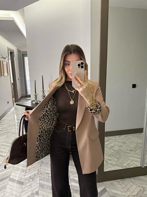 Camel Leopar Astarlı Atlas Kumaş Blazer Ceket