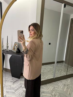 Camel Leopar Astarlı Atlas Kumaş Blazer Ceket