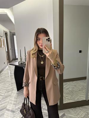 Camel Leopar Astarlı Atlas Kumaş Blazer Ceket