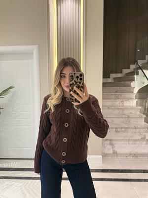 Cherry Saç Örgülü Düğmeli Hırka-1030