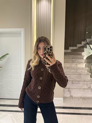 Cherry Saç Örgülü Düğmeli Hırka-1030