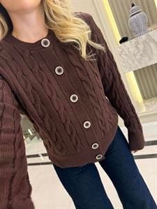 Cherry Saç Örgülü Düğmeli Hırka-1030