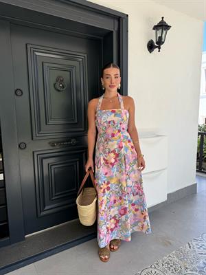 Çiçek Desenli Boyundan Askılı Bilek Boy Elbise