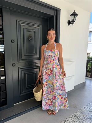 Çiçek Desenli Boyundan Askılı Bilek Boy Elbise