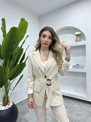 Çizgili Keten Kuşaklı Blazer Ceket -9423