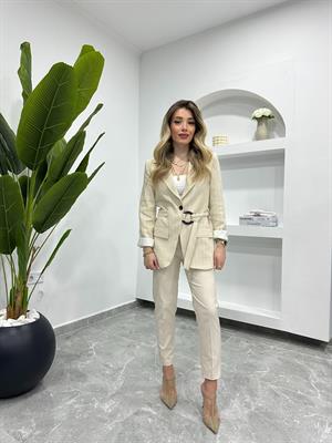 Çizgili Keten Kuşaklı Blazer Ceket -9423