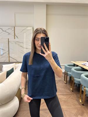 Dekoratif Dikişli Bisiklet Yaka DLV Lacivert Basic Tshırt