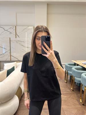 Dekoratif Dikişli Bisiklet Yaka DLV Siyah Basic Tshırt