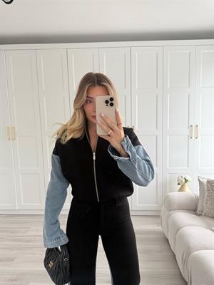 Denim Detaylı Siyah İkili Takım