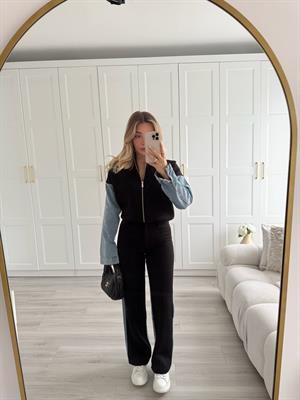 Denim Detaylı Siyah İkili Takım