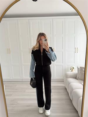 Denim Detaylı Siyah İkili Takım