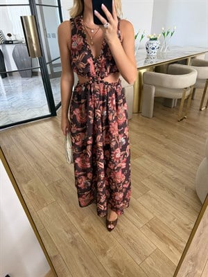 Desenli Bel Dekolteli Elbise- 37599
