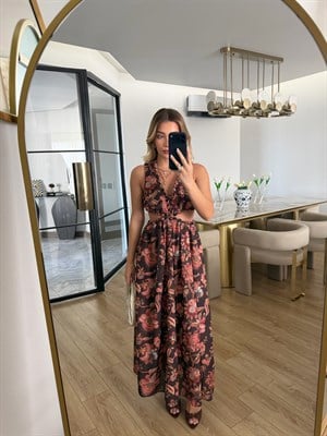 Desenli Bel Dekolteli Elbise- 37599