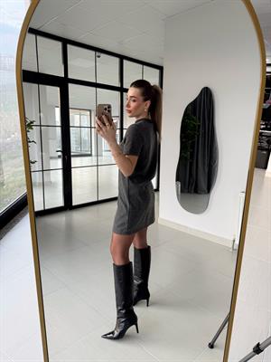 DLV Antrasit Yumuşak Dokulu Kısa Kollu Elbise