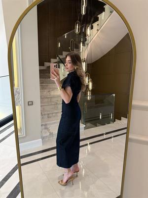 Drapeli Tasarım Denim Midi Elbise