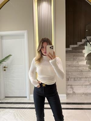 Ekru Balıkçı Yaka Uzun Kollu Top-32253