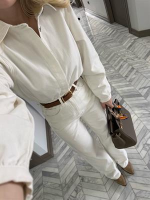 Ekru Denim Kemerli Tulum -8152