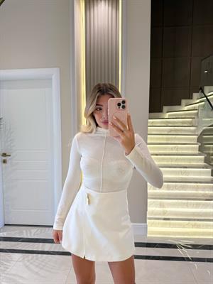 Ekru Dik Yaka Uzun Kollu Top -31391