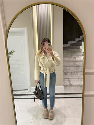Ekru Fermuarlı Kemerli Düğmeli Yünlü Triko Hırka -60988