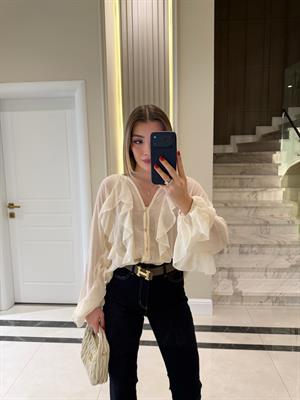 Ekru Fırfır Detaylı Şifon Bluz -70245