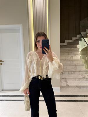 Ekru Fırfır Detaylı Şifon Bluz -70245