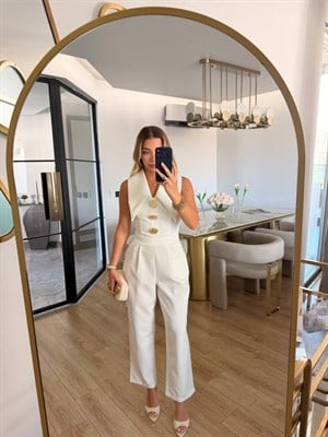 Ekru Geniş Yakalı Gold Düğmeli Tulum