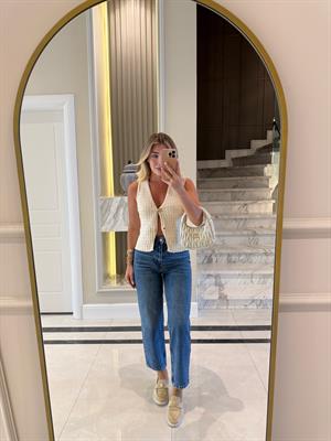 Ekru Gold Düğmeli Petek Örgü Triko Yelek