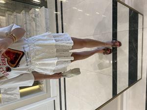 Ekru Katlı Dantel Desenli Mini Etek