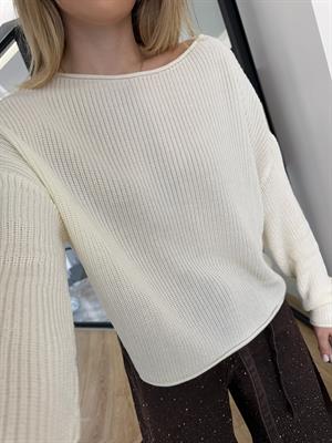 Ekru Kayık Yaka Basic Triko Kazak-10804