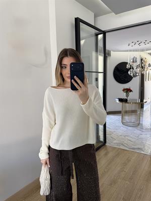 Ekru Kayık Yaka Basic Triko Kazak-10804