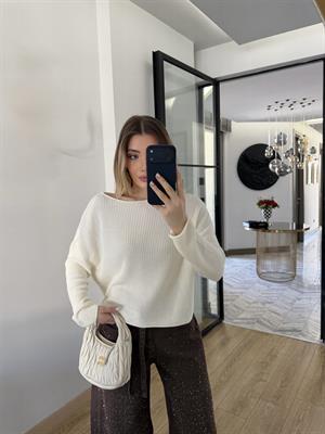 Ekru Kayık Yaka Basic Triko Kazak-10804