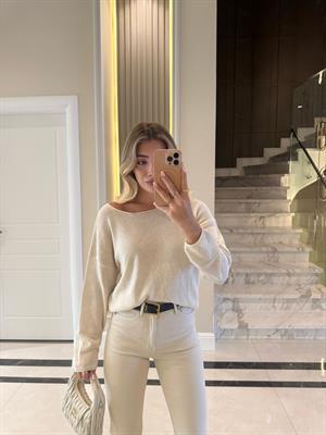 Ekru Kendinden Yakalı Düz Triko -251007