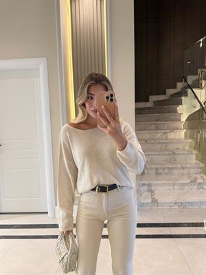 Ekru Kendinden Yakalı Düz Triko -251007