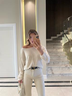 Ekru Kendinden Yakalı Düz Triko -251007