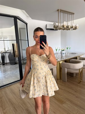 Ekru-Mavi Mini Kuplu Çiçekli Elbise- 12480