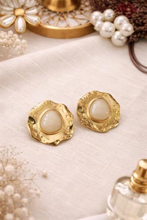 Ekru Mineli Kareo Gold Küpe