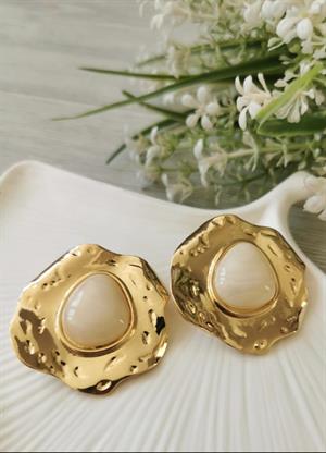 Ekru Mineli Kareo Gold Küpe