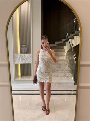 Ekru Mini Tığ İşi Astarlı Elbise 