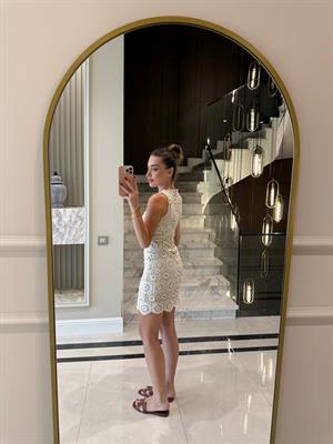 Ekru Mini Tığ İşi Astarlı Elbise 