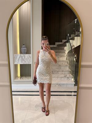 Ekru Mini Tığ İşi Astarlı Elbise 