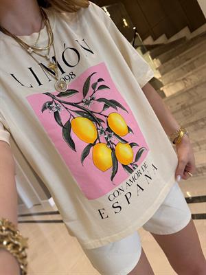 Ekru Pembe Limon Boskılı Basic Tişört